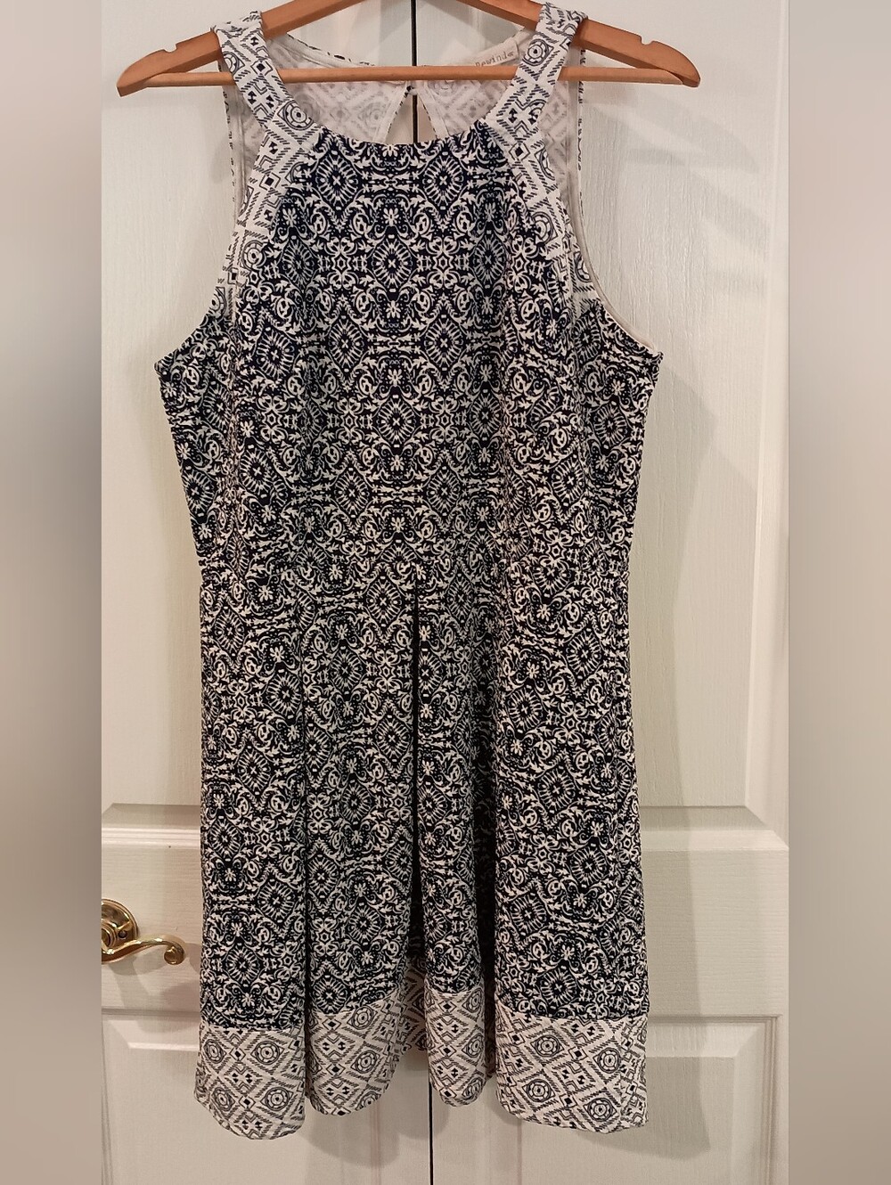 Rewind Navy and White Geometric Halter Sundress